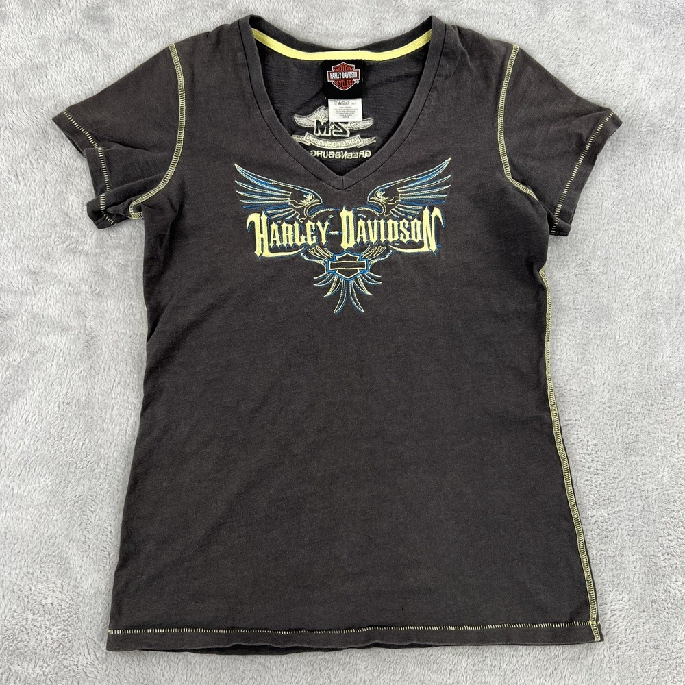 Harley Davidson Eagle Embroidered V Neck T Shirt M Black Women Greensburg Biker